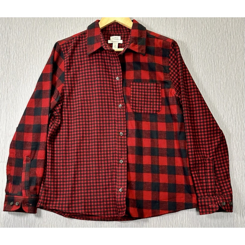 LL Bean Scotch Plaid Checkered Red Black Flannel Relax Fit Shirt Women Sz: Med